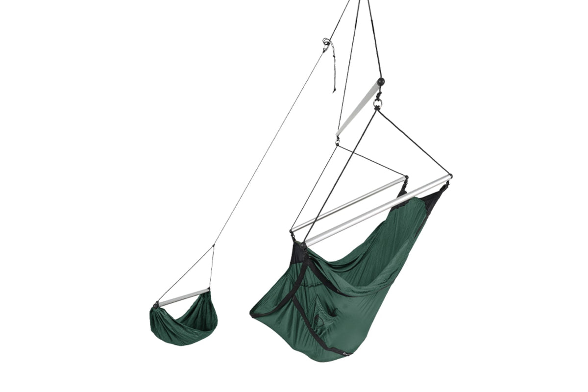 Moon Chair in forest green with spreader bars and hanging footrest, side view