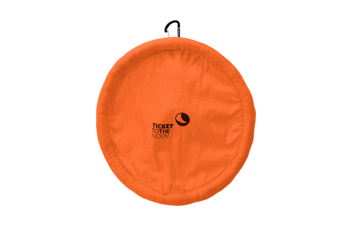 Moon Disc (Pocket) in Orange with a carabiner clip, seen from above
