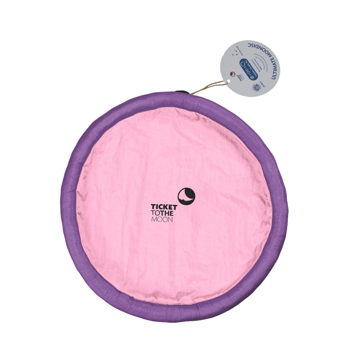 Moon Disc (Pocket) in pink with a purple rim and attached hang tag, seen from above