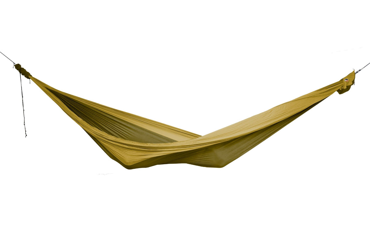 Travel Hammock Mammock in mustard yellow, hung empty, side view