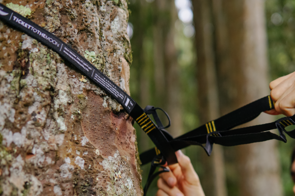 Hands threading the Moon Straps (2-Pack) through a loop around a mossy tree trunk