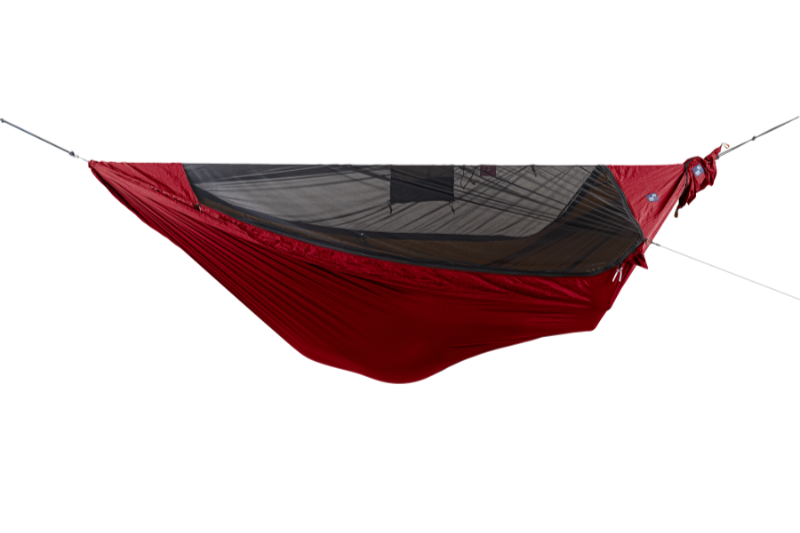 Pro Hammock (Custom) in red with black bug net, hung empty, side view