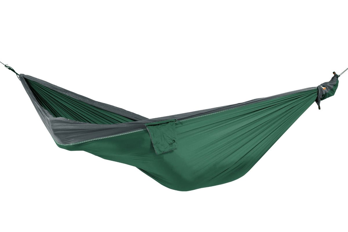 Travel Hammock Original in dark green and grey, hung empty, side view