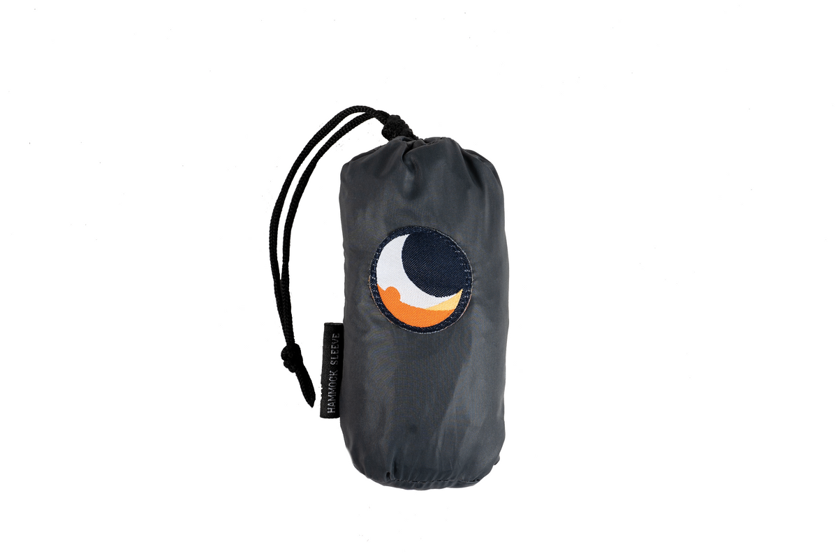 UV-Proof Hammock Sleeve packed in its grey drawstring stuff sack with moon logo patch