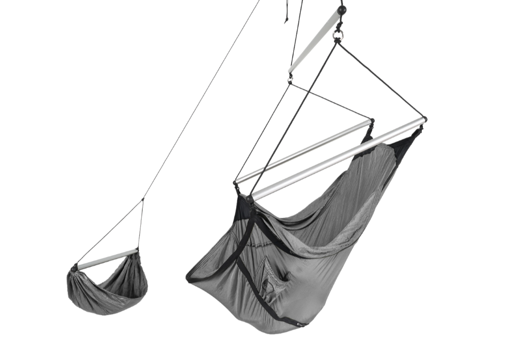 Moon Chair (Custom) in grey with aluminium spreader bars and a separate hanging footrest