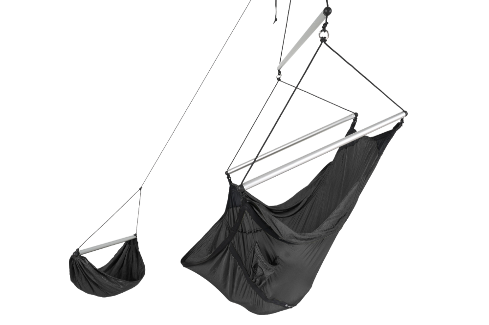 Moon Chair (Custom) in black with aluminium spreader bars and a separate hanging footrest