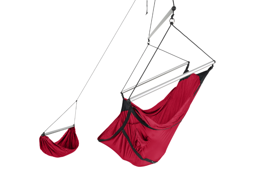 Moon Chair (Custom) in Burgundy with aluminium spreader bars and a separate hanging footrest