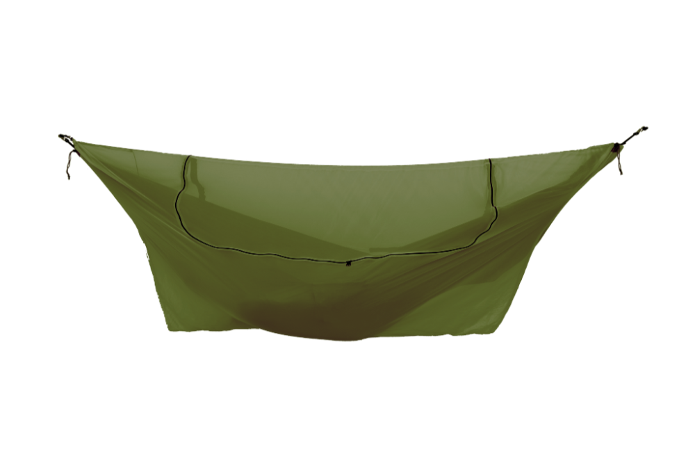 Universal Bug Net 360° in Army Green fitted over a hammock, with zip opening along the top