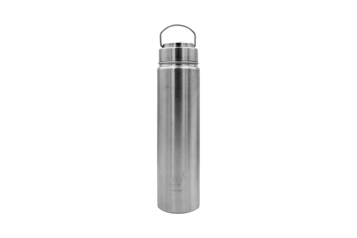 A stainless steel water bottle with a carrying loop lid.