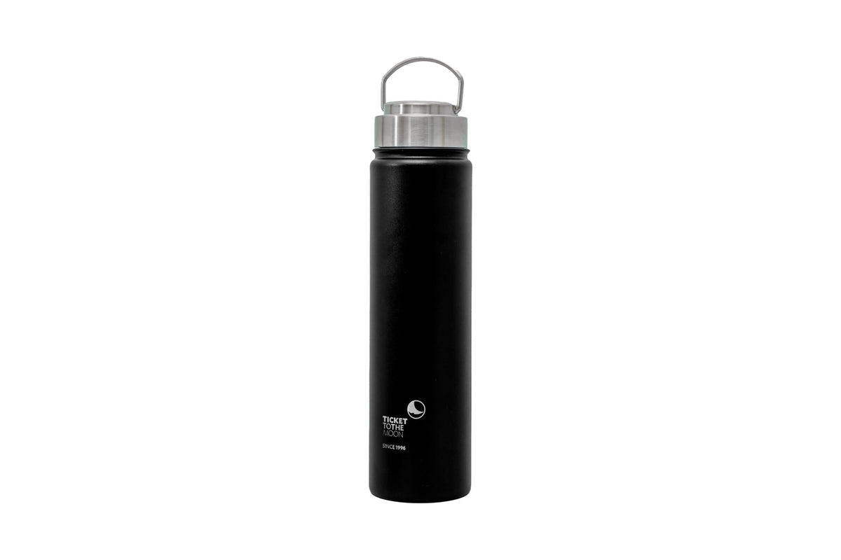 A black insulated water bottle with a silver metal cap and loop handle, featuring the 'Ticket to the Moon' brand logo near the bottom.