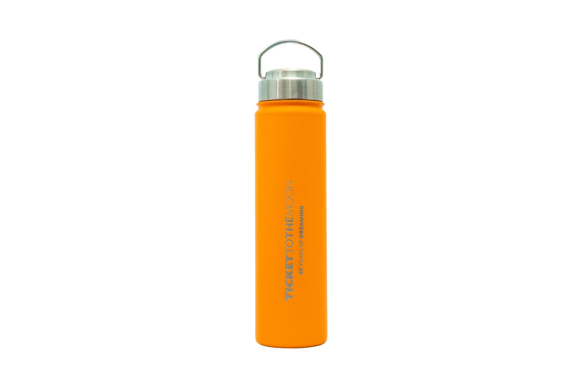 An orange insulated water bottle with a silver metal lid and carrying loop, featuring vertical text that reads 'Ticket to the Moon' and smaller text below.