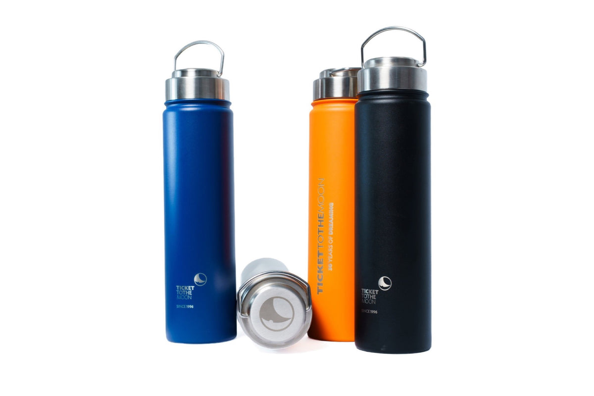 Four Ticket to the Moon insulated water bottles in blue, orange, black and brushed stainless steel, each with a stainless steel lid and carry handle.