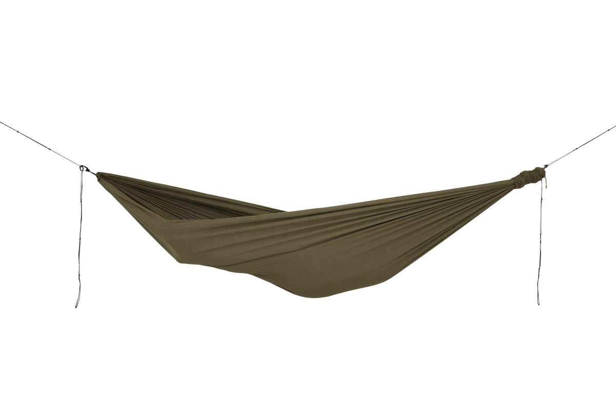 Home Hammock 320 in Olive Brown, hung empty, side view
