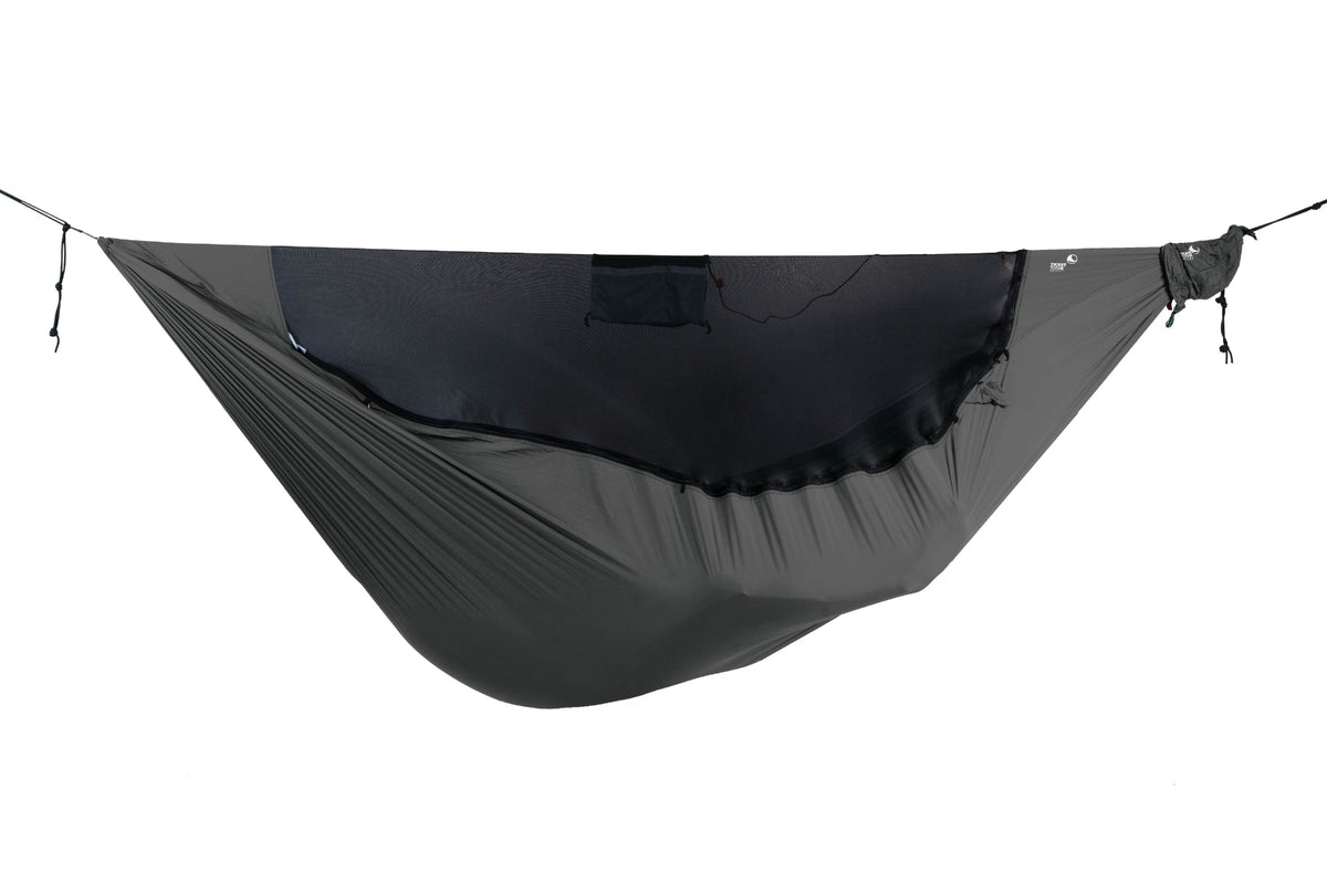 Pro Hammock Lightest in dark grey with built-in bug net, hung empty, side view