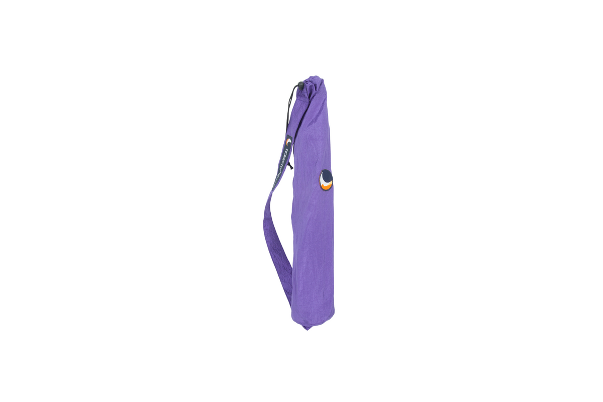 Mini Moon Chair (Custom) packed in its purple drawstring carry bag with shoulder strap