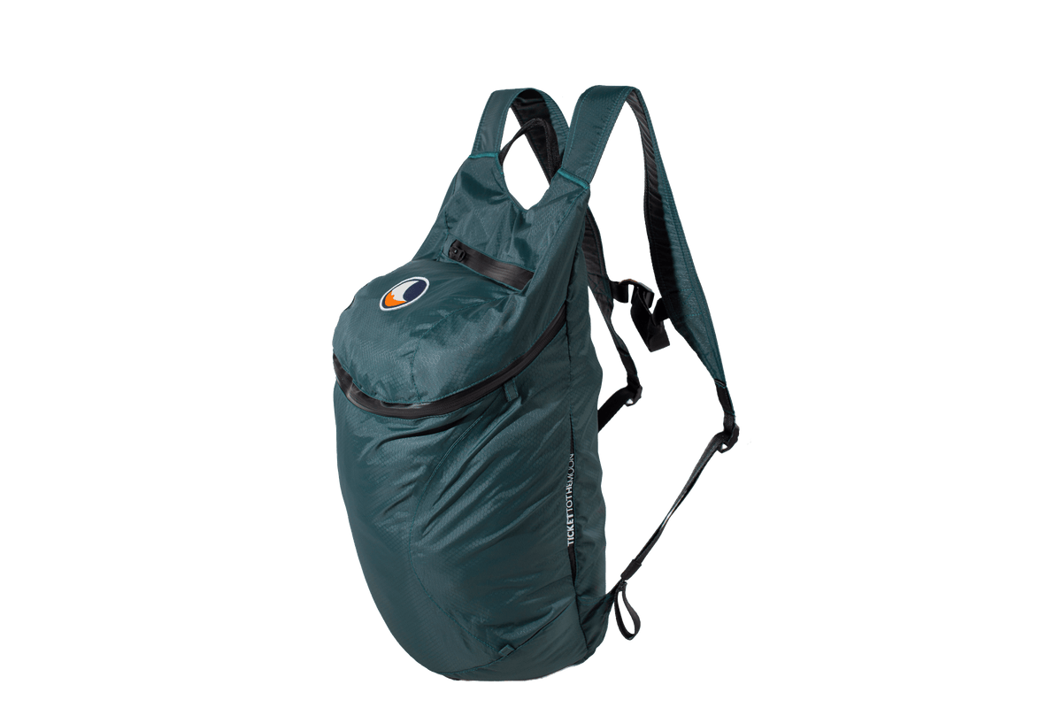 Green water-resistant backpack from the front at an angle, with moon logo patch and zip pockets