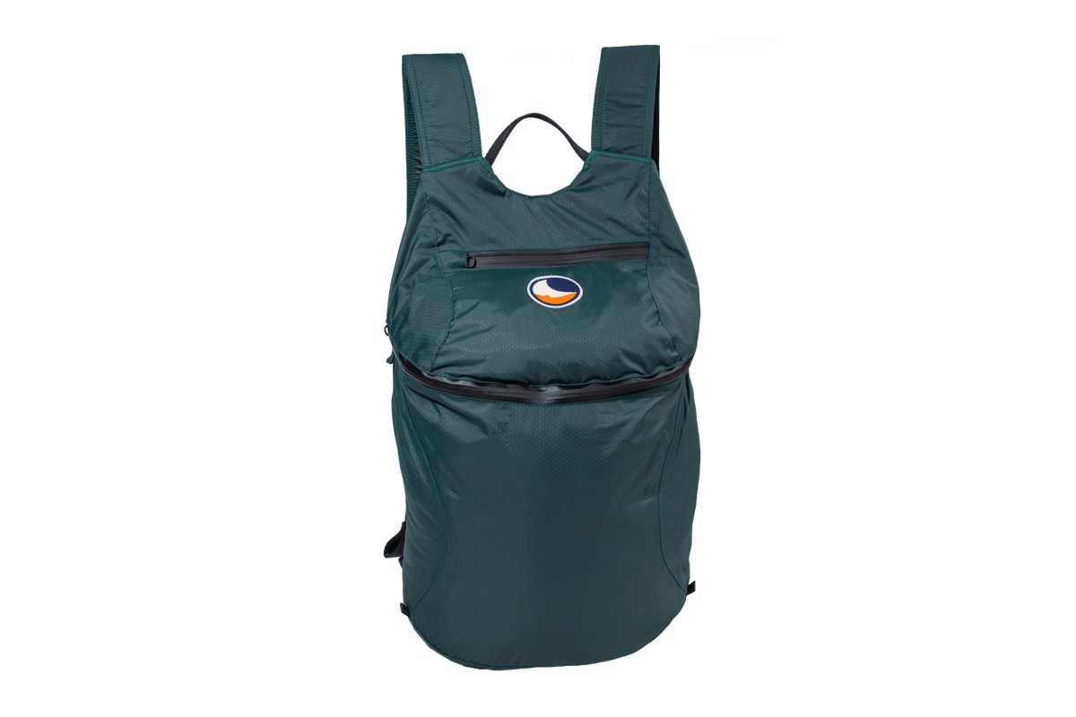 Front view of a green water-resistant backpack with moon logo patch and two zip pockets