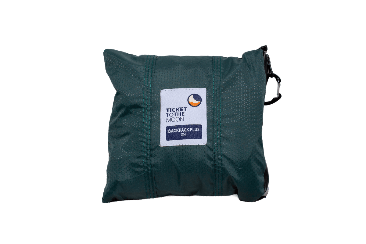 Backpack Plus 25L Water Resistant folded into its own green pouch with a carabiner