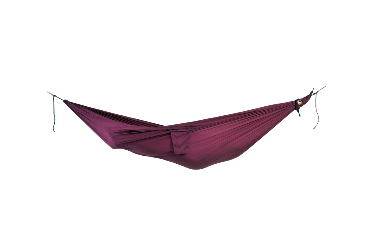 Travel Hammock Compact in Plum, hung empty, side view